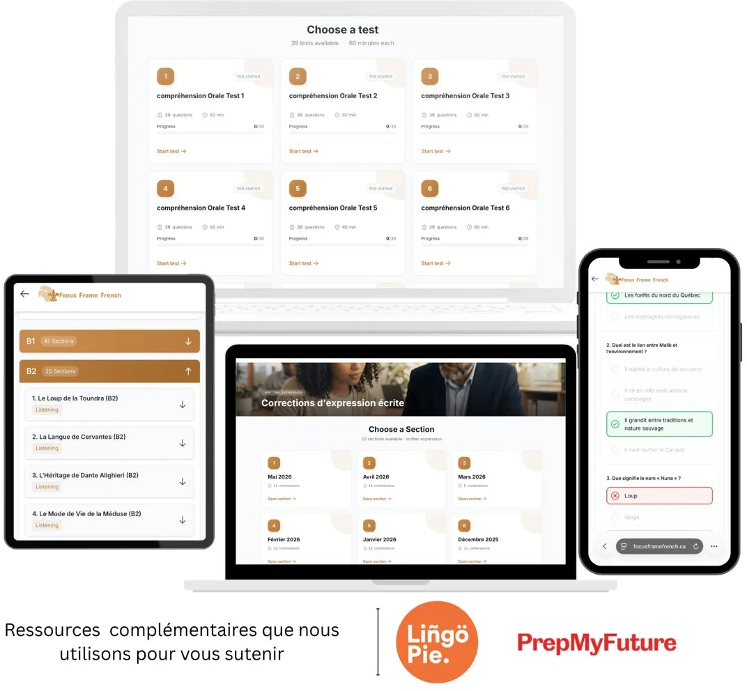 Focus Frame French student portal on laptop, tablet and phone